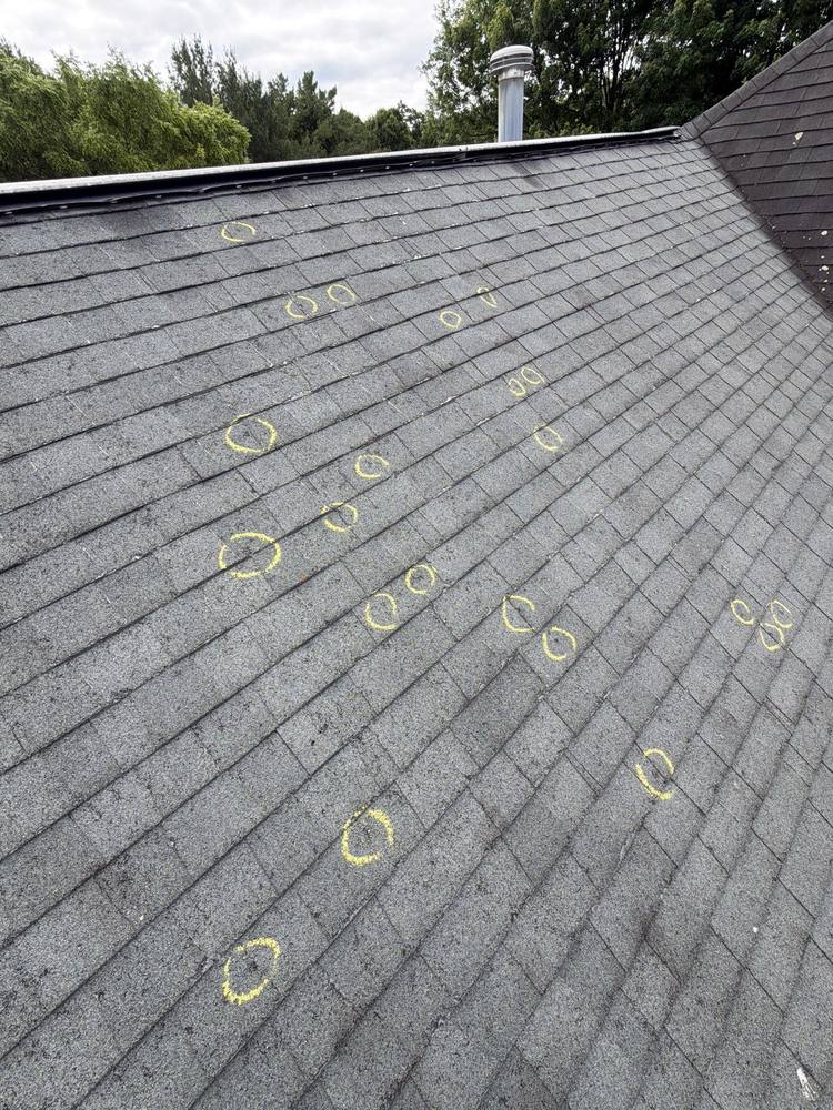 Roof slope with multiple hail impacts circled in chalk showing random scatter pattern, Northern Virginia hail inspection